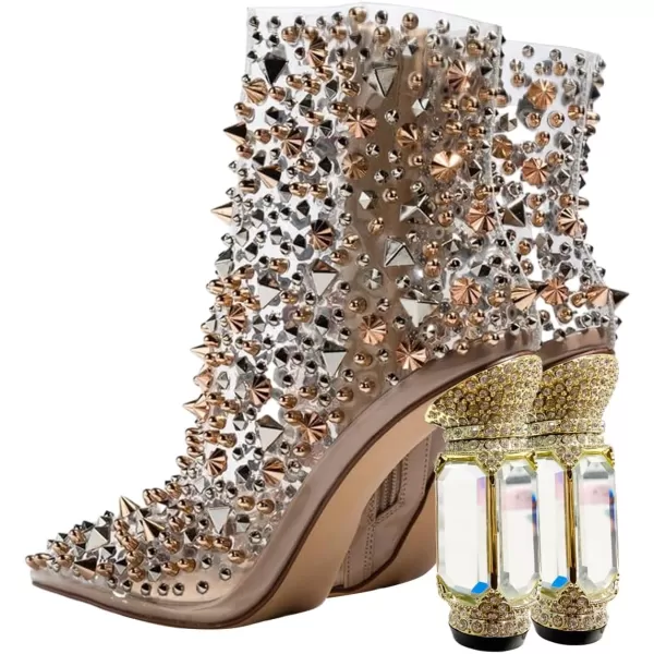 imageFSJ Women Chic Pointed Toe Crystal Chunky Block High Heel Ankle Boots Glossy Side Zipper Casual Daily Fashion Ladies Shoes Size 415 USNudeclear