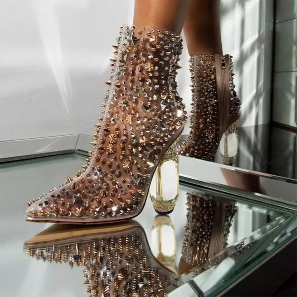 imageFSJ Women Chic Pointed Toe Crystal Chunky Block High Heel Ankle Boots Glossy Side Zipper Casual Daily Fashion Ladies Shoes Size 415 USNudeclear