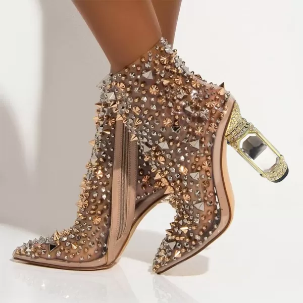imageFSJ Women Chic Pointed Toe Crystal Chunky Block High Heel Ankle Boots Glossy Side Zipper Casual Daily Fashion Ladies Shoes Size 415 USNudeclear