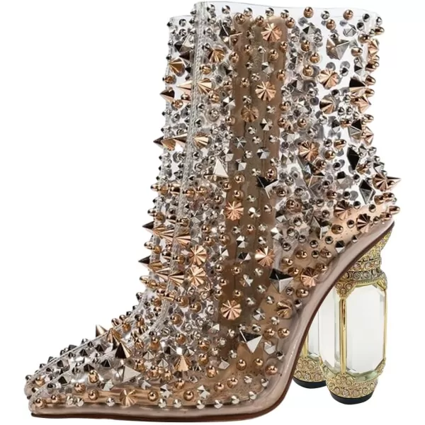 imageFSJ Women Chic Pointed Toe Crystal Chunky Block High Heel Ankle Boots Glossy Side Zipper Casual Daily Fashion Ladies Shoes Size 415 USNudeclear
