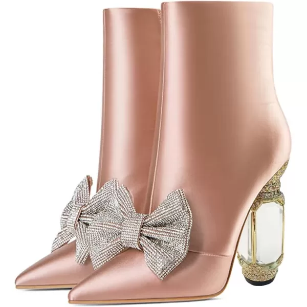 imageFSJ Women Chic Pointed Toe Crystal Chunky Block High Heel Ankle Boots Glossy Side Zipper Casual Daily Fashion Ladies Shoes Size 415 USPink Bow