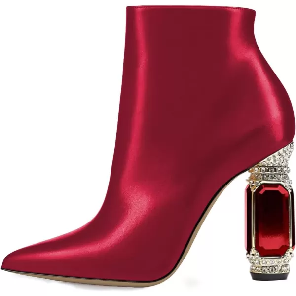imageFSJ Women Chic Pointed Toe Crystal Chunky Block High Heel Ankle Boots Glossy Side Zipper Casual Daily Fashion Ladies Shoes Size 415 USRed
