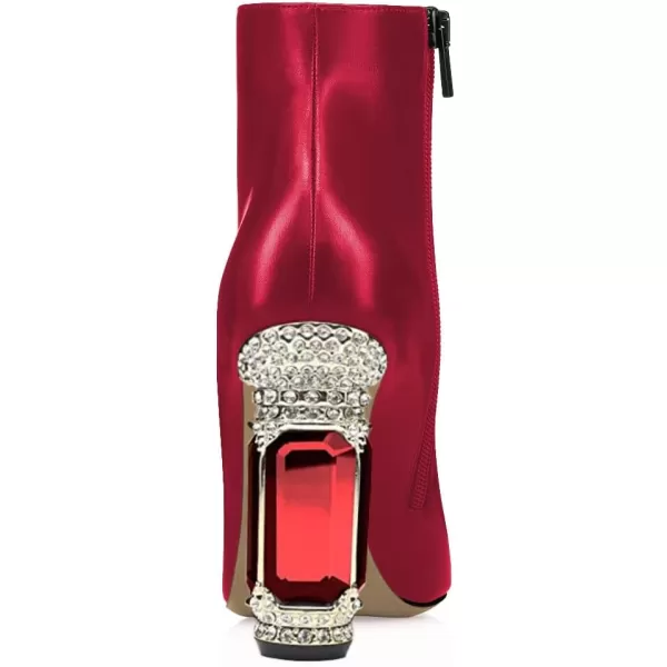 imageFSJ Women Chic Pointed Toe Crystal Chunky Block High Heel Ankle Boots Glossy Side Zipper Casual Daily Fashion Ladies Shoes Size 415 USRed