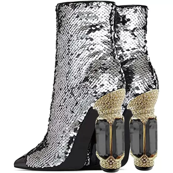 imageFSJ Women Chic Pointed Toe Crystal Chunky Block High Heel Ankle Boots Glossy Side Zipper Casual Daily Fashion Ladies Shoes Size 415 USSequins