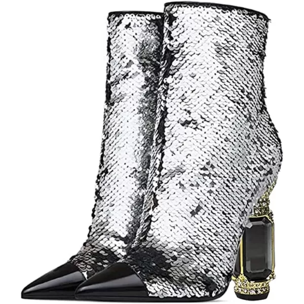 imageFSJ Women Chic Pointed Toe Crystal Chunky Block High Heel Ankle Boots Glossy Side Zipper Casual Daily Fashion Ladies Shoes Size 415 USSequins