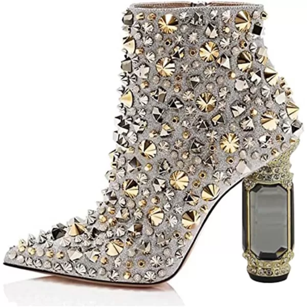 imageFSJ Women Chic Pointed Toe Crystal Chunky Block High Heel Ankle Boots Glossy Side Zipper Casual Daily Fashion Ladies Shoes Size 415 USSilver Rivets