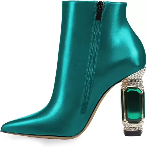 imageFSJ Women Chic Pointed Toe Crystal Chunky Block High Heel Ankle Boots Glossy Side Zipper Casual Daily Fashion Ladies Shoes Size 415 USTeal