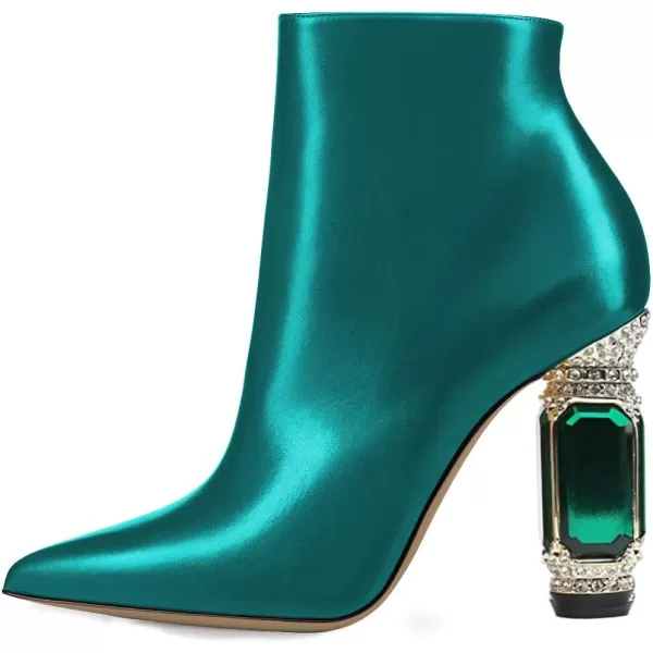 imageFSJ Women Chic Pointed Toe Crystal Chunky Block High Heel Ankle Boots Glossy Side Zipper Casual Daily Fashion Ladies Shoes Size 415 USTeal