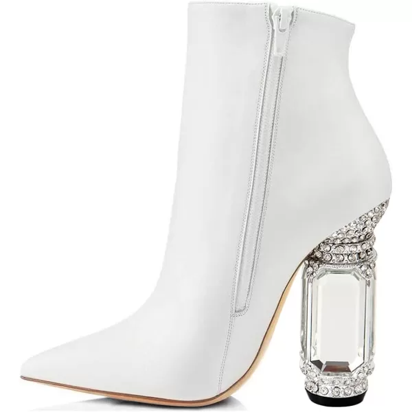 imageFSJ Women Chic Pointed Toe Crystal Chunky Block High Heel Ankle Boots Glossy Side Zipper Casual Daily Fashion Ladies Shoes Size 415 USWhite 1