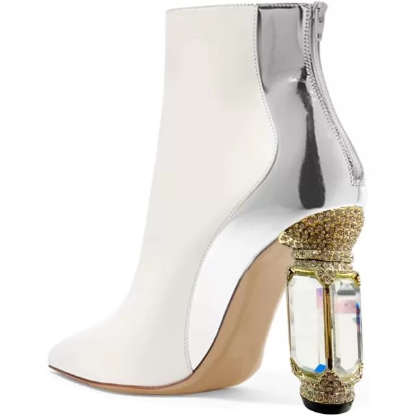 imageFSJ Women Chic Pointed Toe Crystal Chunky Block High Heel Ankle Boots Glossy Side Zipper Casual Daily Fashion Ladies Shoes Size 415 USWhite