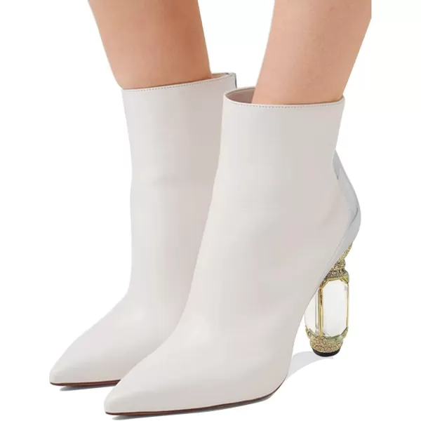 imageFSJ Women Chic Pointed Toe Crystal Chunky Block High Heel Ankle Boots Glossy Side Zipper Casual Daily Fashion Ladies Shoes Size 415 USWhite
