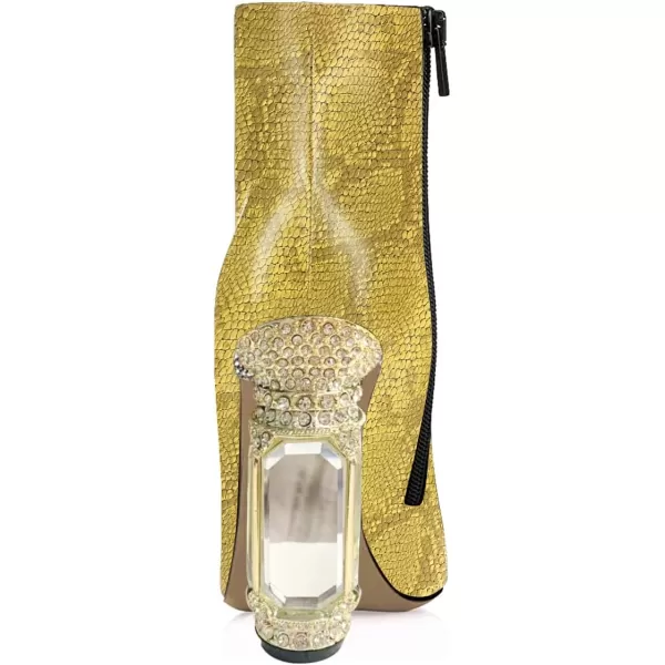imageFSJ Women Chic Pointed Toe Crystal Chunky Block High Heel Ankle Boots Glossy Side Zipper Casual Daily Fashion Ladies Shoes Size 415 USYellow Snake Pattern