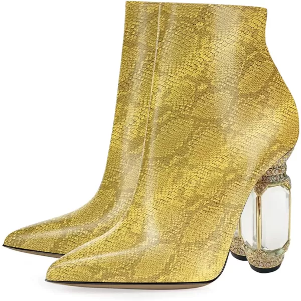 imageFSJ Women Chic Pointed Toe Crystal Chunky Block High Heel Ankle Boots Glossy Side Zipper Casual Daily Fashion Ladies Shoes Size 415 USYellow Snake Pattern