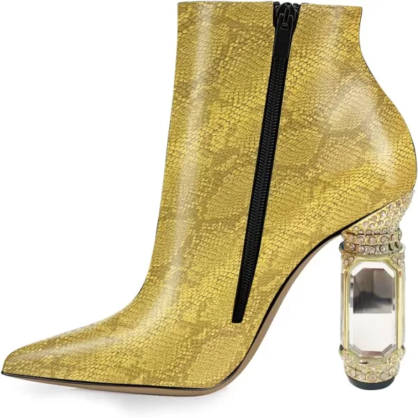 imageFSJ Women Chic Pointed Toe Crystal Chunky Block High Heel Ankle Boots Glossy Side Zipper Casual Daily Fashion Ladies Shoes Size 415 USYellow Snake Pattern