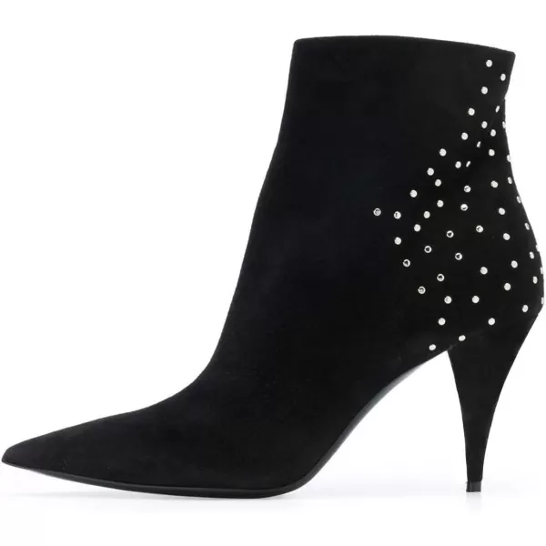 imageFSJ Women Classic Pointed Toe Ankle Boots High Cone Heel Leather Faux Suede Studded Rhinestones Leopard Short Booties Side Zipper Dress Shoes Size 415 USBlack Crystal