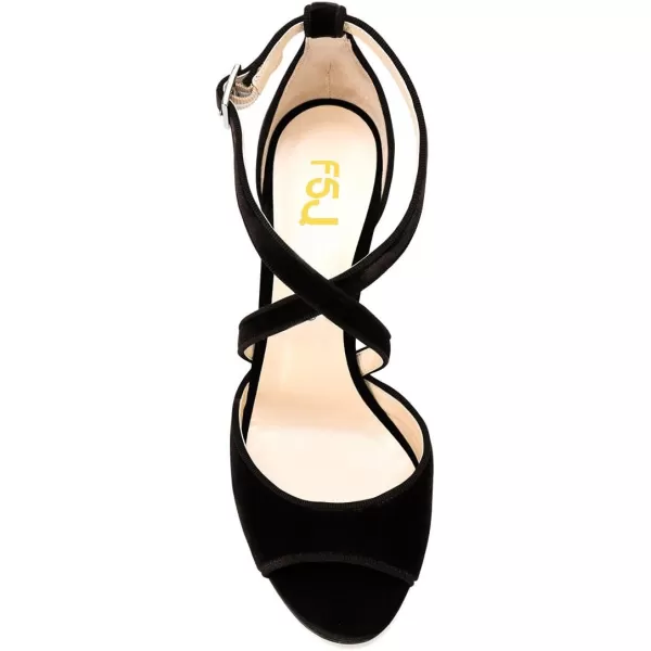 imageFSJ Women Elegant Peep Toe Sandals Chunky High Heel Pumps Cross Strap Velvet Suede Dress Pumps Size 415 USBlack
