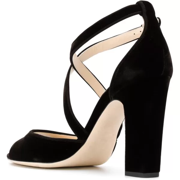 imageFSJ Women Elegant Peep Toe Sandals Chunky High Heel Pumps Cross Strap Velvet Suede Dress Pumps Size 415 USBlack