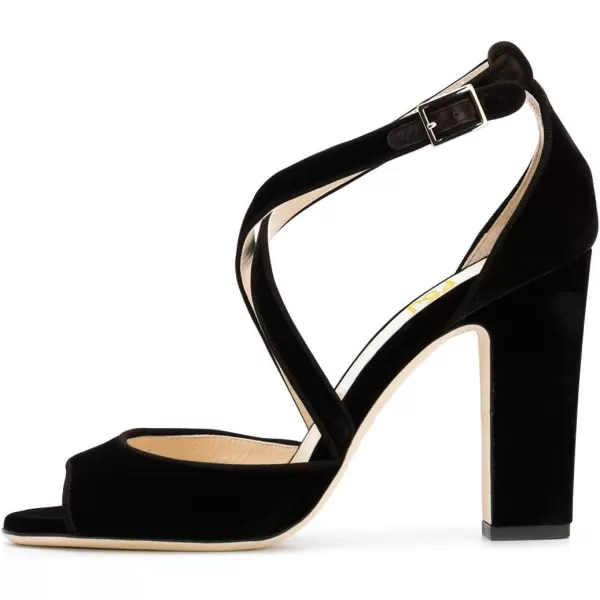 imageFSJ Women Elegant Peep Toe Sandals Chunky High Heel Pumps Cross Strap Velvet Suede Dress Pumps Size 415 USBlack