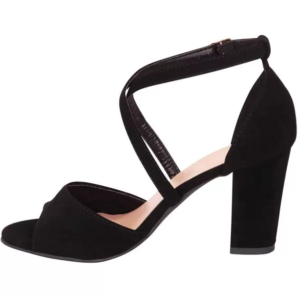 imageFSJ Women Elegant Peep Toe Sandals Chunky High Heel Pumps Cross Strap Velvet Suede Dress Pumps Size 415 USBlack Suede