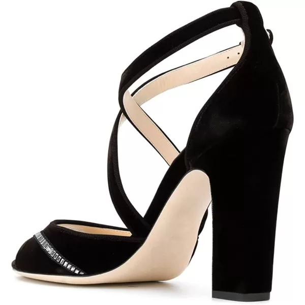 imageFSJ Women Elegant Peep Toe Sandals Chunky High Heel Pumps Cross Strap Velvet Suede Dress Pumps Size 415 USBlackrhinestone 1