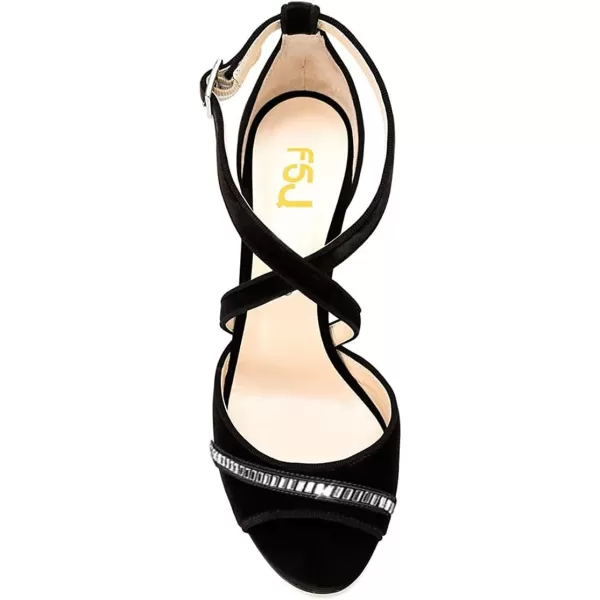 imageFSJ Women Elegant Peep Toe Sandals Chunky High Heel Pumps Cross Strap Velvet Suede Dress Pumps Size 415 USBlackrhinestone 1