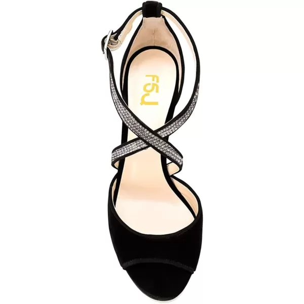 imageFSJ Women Elegant Peep Toe Sandals Chunky High Heel Pumps Cross Strap Velvet Suede Dress Pumps Size 415 USBlackrhinestone 2
