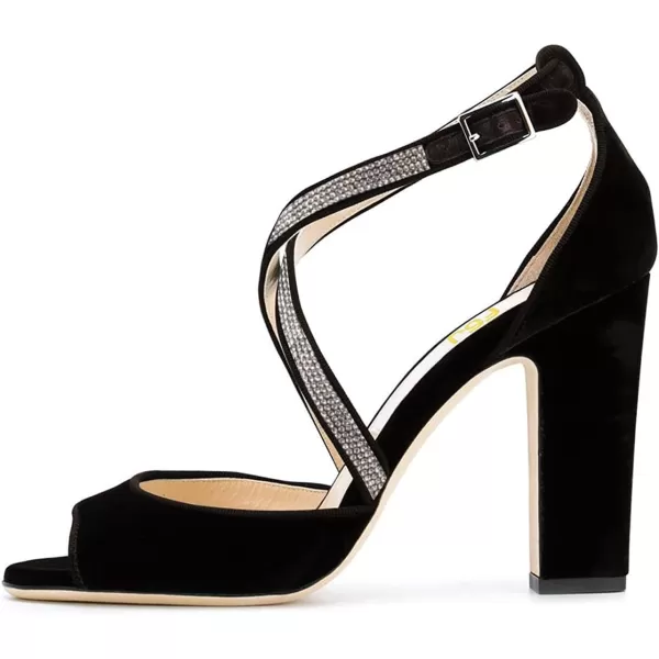 imageFSJ Women Elegant Peep Toe Sandals Chunky High Heel Pumps Cross Strap Velvet Suede Dress Pumps Size 415 USBlackrhinestone 2