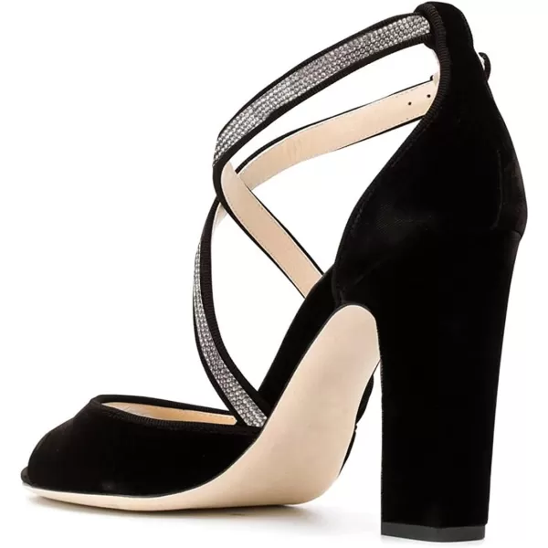 imageFSJ Women Elegant Peep Toe Sandals Chunky High Heel Pumps Cross Strap Velvet Suede Dress Pumps Size 415 USBlackrhinestone 2
