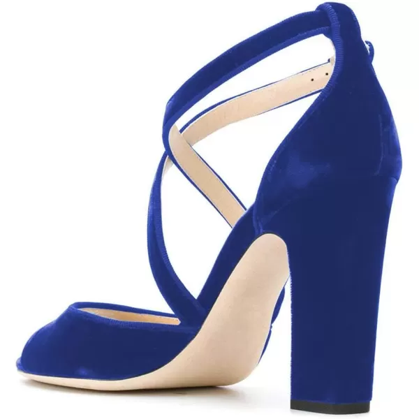imageFSJ Women Elegant Peep Toe Sandals Chunky High Heel Pumps Cross Strap Velvet Suede Dress Pumps Size 415 USBlue