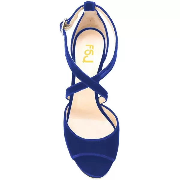 imageFSJ Women Elegant Peep Toe Sandals Chunky High Heel Pumps Cross Strap Velvet Suede Dress Pumps Size 415 USBlue