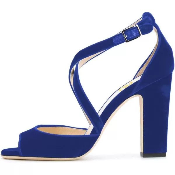 imageFSJ Women Elegant Peep Toe Sandals Chunky High Heel Pumps Cross Strap Velvet Suede Dress Pumps Size 415 USBlue