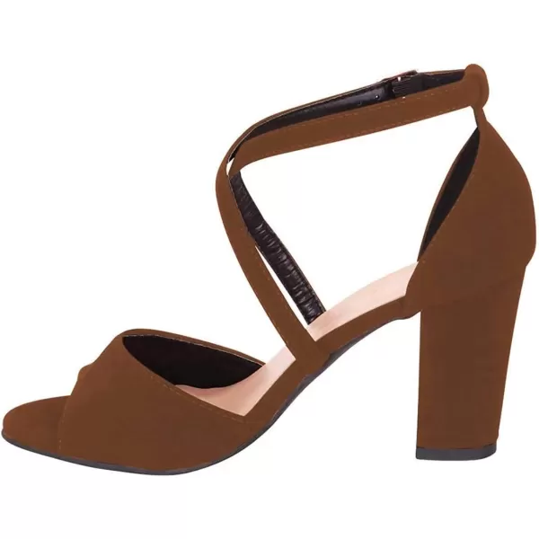 imageFSJ Women Elegant Peep Toe Sandals Chunky High Heel Pumps Cross Strap Velvet Suede Dress Pumps Size 415 USBrown Suede