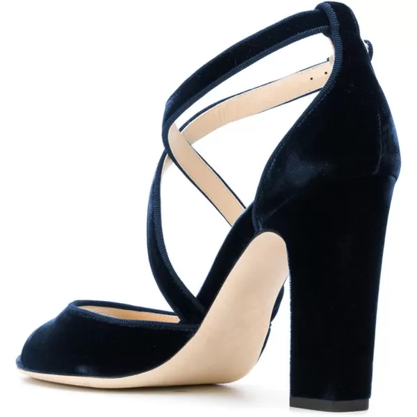 imageFSJ Women Elegant Peep Toe Sandals Chunky High Heel Pumps Cross Strap Velvet Suede Dress Pumps Size 415 USDark Blue