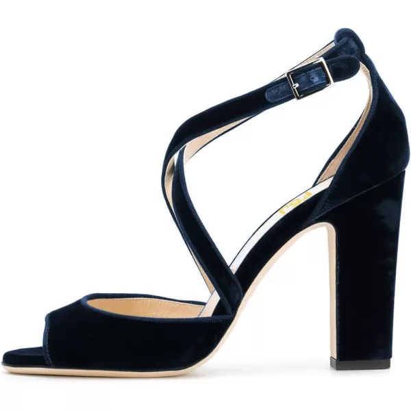 imageFSJ Women Elegant Peep Toe Sandals Chunky High Heel Pumps Cross Strap Velvet Suede Dress Pumps Size 415 USDark Blue