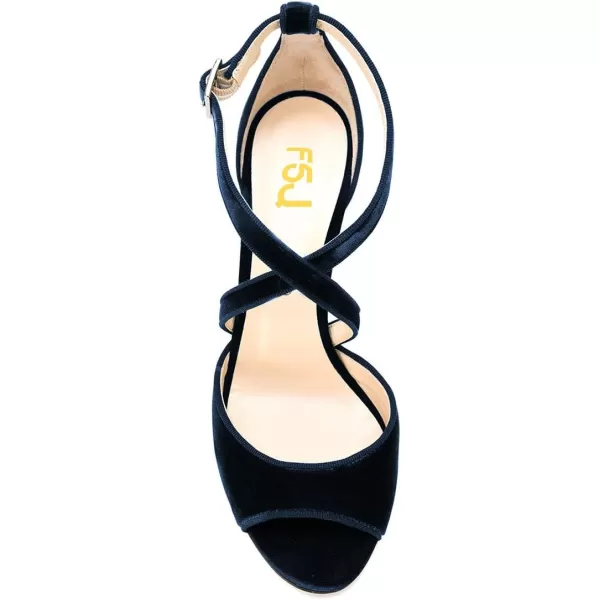 imageFSJ Women Elegant Peep Toe Sandals Chunky High Heel Pumps Cross Strap Velvet Suede Dress Pumps Size 415 USDark Blue