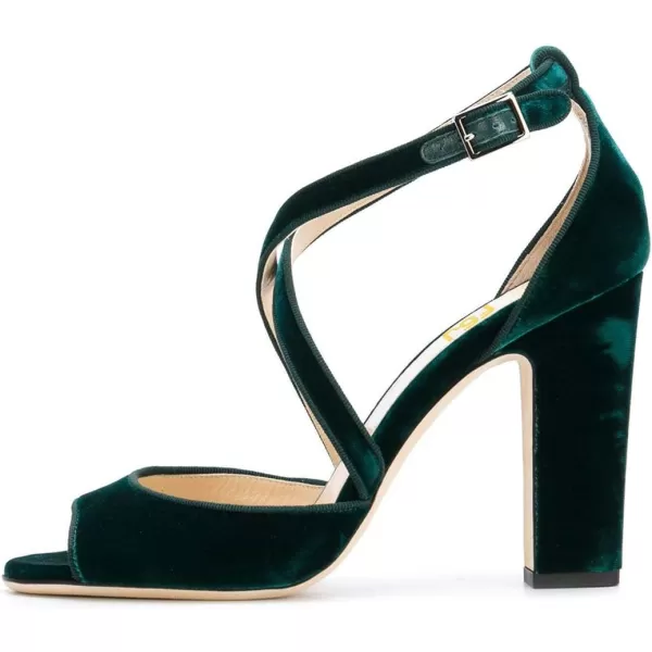 imageFSJ Women Elegant Peep Toe Sandals Chunky High Heel Pumps Cross Strap Velvet Suede Dress Pumps Size 415 USEmerald