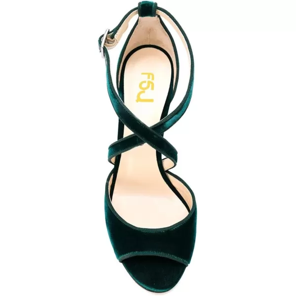imageFSJ Women Elegant Peep Toe Sandals Chunky High Heel Pumps Cross Strap Velvet Suede Dress Pumps Size 415 USEmerald