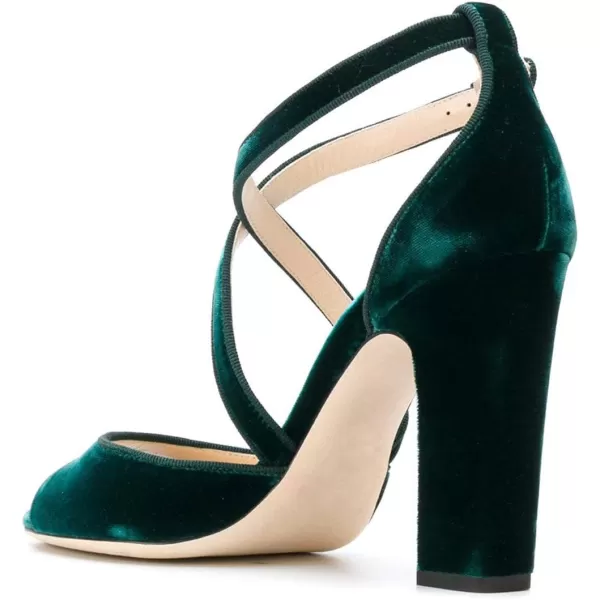 imageFSJ Women Elegant Peep Toe Sandals Chunky High Heel Pumps Cross Strap Velvet Suede Dress Pumps Size 415 USEmerald