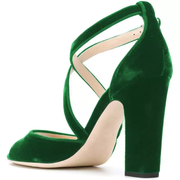 imageFSJ Women Elegant Peep Toe Sandals Chunky High Heel Pumps Cross Strap Velvet Suede Dress Pumps Size 415 USGreen