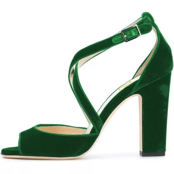 imageFSJ Women Elegant Peep Toe Sandals Chunky High Heel Pumps Cross Strap Velvet Suede Dress Pumps Size 415 USGreen
