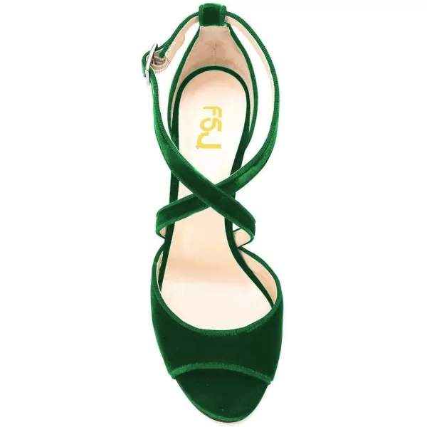imageFSJ Women Elegant Peep Toe Sandals Chunky High Heel Pumps Cross Strap Velvet Suede Dress Pumps Size 415 USGreen