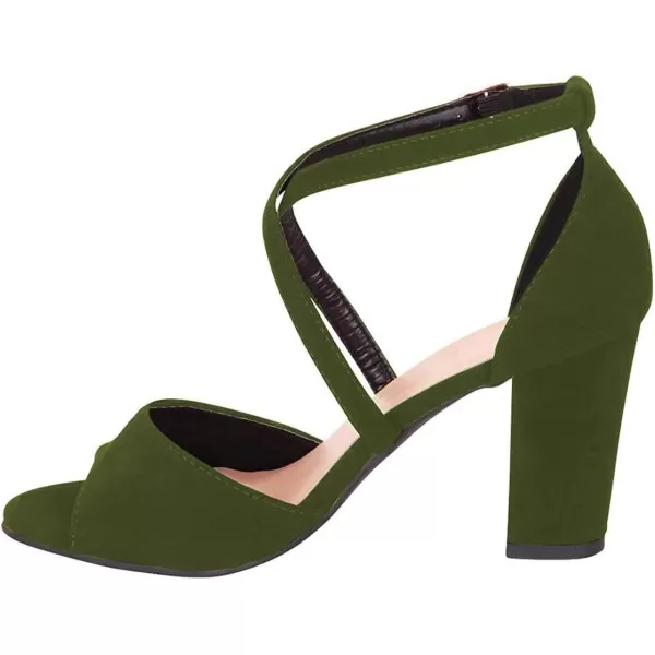 imageFSJ Women Elegant Peep Toe Sandals Chunky High Heel Pumps Cross Strap Velvet Suede Dress Pumps Size 415 USGreen Suede
