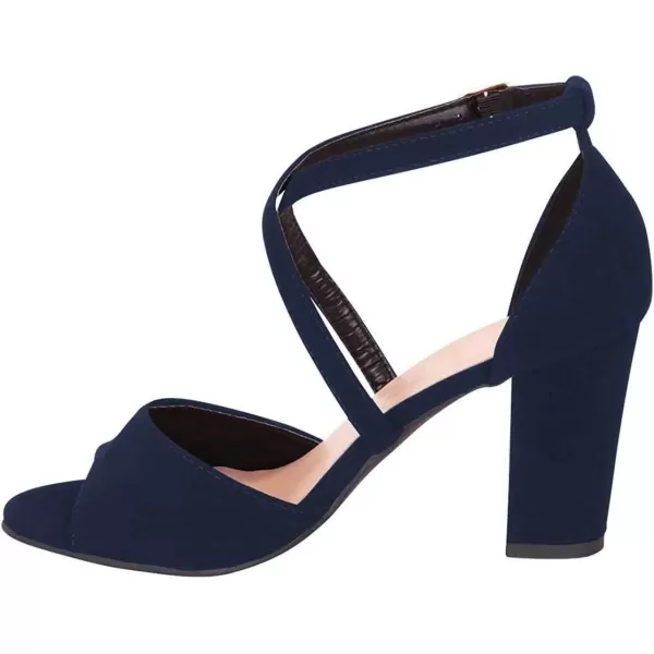 imageFSJ Women Elegant Peep Toe Sandals Chunky High Heel Pumps Cross Strap Velvet Suede Dress Pumps Size 415 USNavy Suede