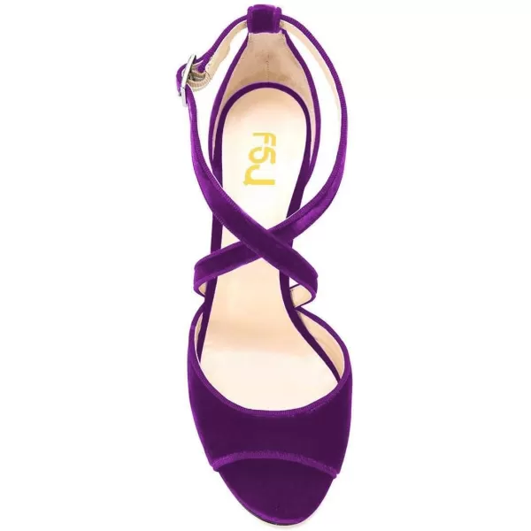 imageFSJ Women Elegant Peep Toe Sandals Chunky High Heel Pumps Cross Strap Velvet Suede Dress Pumps Size 415 USPurple