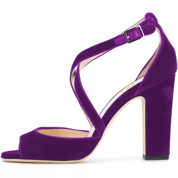 imageFSJ Women Elegant Peep Toe Sandals Chunky High Heel Pumps Cross Strap Velvet Suede Dress Pumps Size 415 USPurple