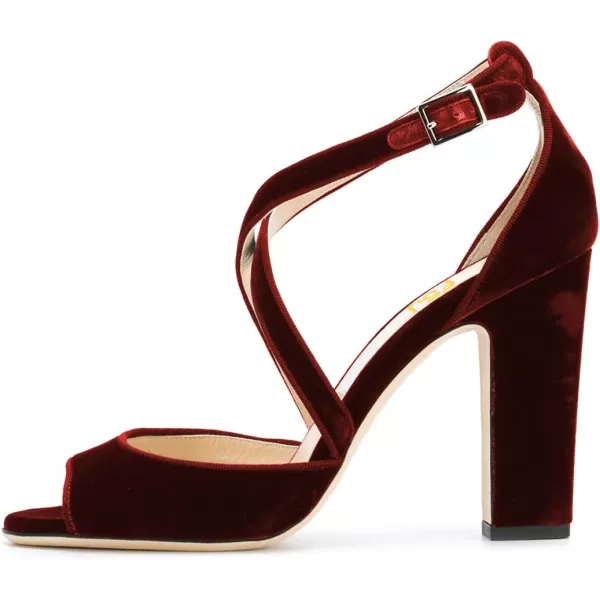 imageFSJ Women Elegant Peep Toe Sandals Chunky High Heel Pumps Cross Strap Velvet Suede Dress Pumps Size 415 USWine