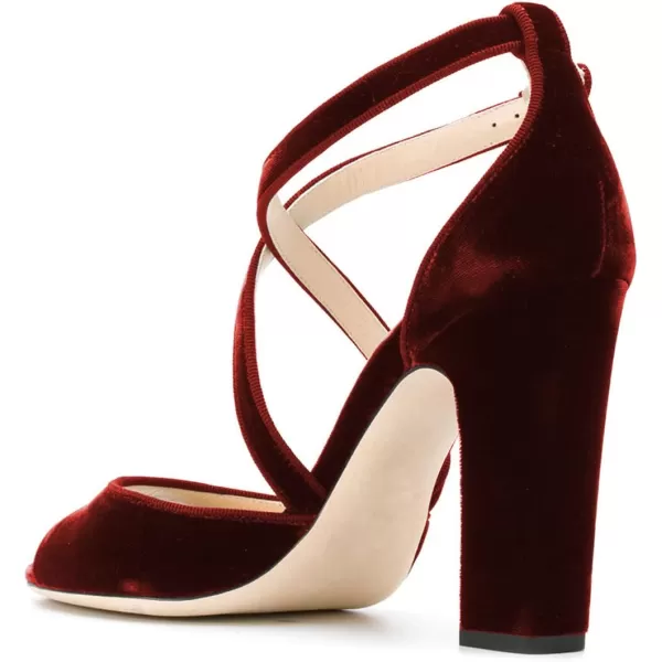 imageFSJ Women Elegant Peep Toe Sandals Chunky High Heel Pumps Cross Strap Velvet Suede Dress Pumps Size 415 USWine