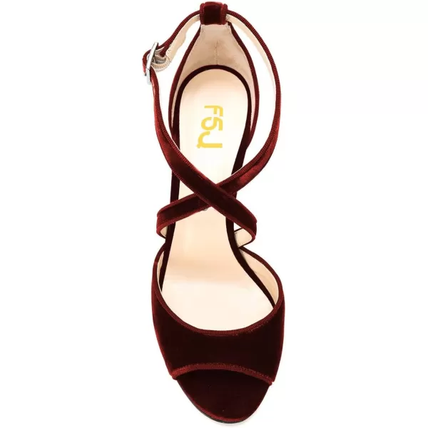 imageFSJ Women Elegant Peep Toe Sandals Chunky High Heel Pumps Cross Strap Velvet Suede Dress Pumps Size 415 USWine