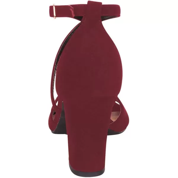 imageFSJ Women Elegant Peep Toe Sandals Chunky High Heel Pumps Cross Strap Velvet Suede Dress Pumps Size 415 USWine Suede