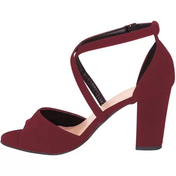 imageFSJ Women Elegant Peep Toe Sandals Chunky High Heel Pumps Cross Strap Velvet Suede Dress Pumps Size 415 USWine Suede